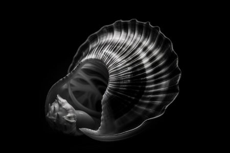 Black and white artistic conceptual illustration of a beautiful seashell closeup. Created with generative AIの素材