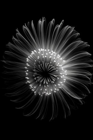 Black and white artistic conceptual illustration of a beautiful flower or floral element closeup. Created with generative AIの素材