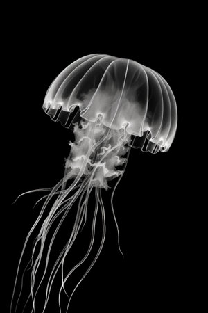 Black and white artistic conceptual illustration of a beautiful jellyfish closeup. Created with generative AIの素材