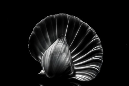 Black and white artistic conceptual illustration of a beautiful seashell closeup. Created with generative AIの素材