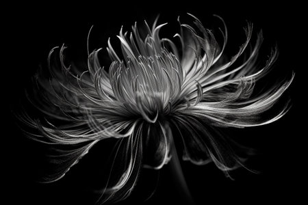 Black and white artistic conceptual illustration of a beautiful flower or floral element closeup. Created with generative AIの素材