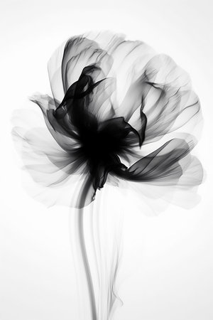 Black and white artistic conceptual illustration of a beautiful flower or floral element closeup. Created with generative AIの素材