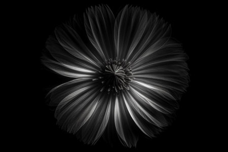 Black and white artistic conceptual illustration of a beautiful flower or floral element closeup. Created with generative AIの素材
