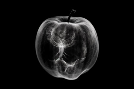 Black and white artistic conceptual illustration of a beautiful apple closeup. Created with generative AIの素材