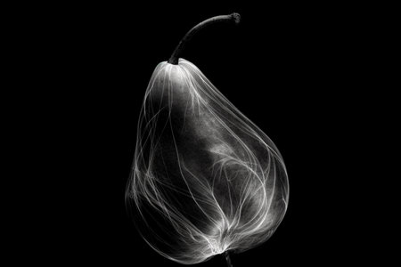 Black and white artistic conceptual illustration of a beautiful pear closeup. Created with generative AIの素材