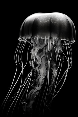 Black and white artistic conceptual illustration of a beautiful jellyfish closeup. Created with generative AIの素材