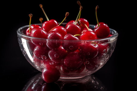 Fresh cherries in a glass bowl with water droplets. Conceptual illustration. Created with generative AIの素材