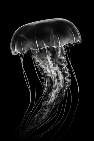 Black and white artistic conceptual illustration of a beautiful jellyfish closeup. Created with generative AIの素材