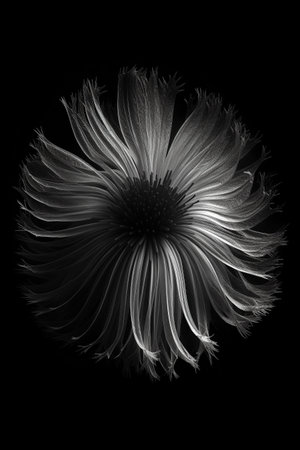 Black and white artistic conceptual illustration of a beautiful flower or floral element closeup. Created with generative AIの素材
