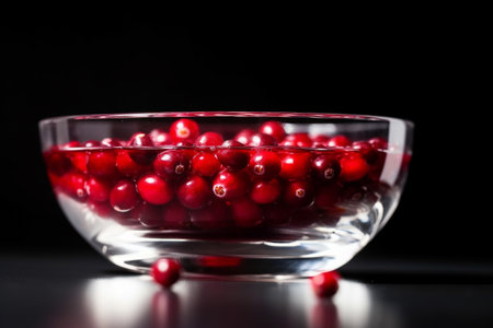 Fresh red cranberries in a glass bowl with water droplets. Conceptual illustration. Created with generative AIの素材