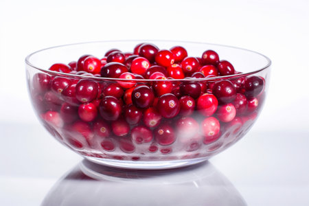 Fresh red cranberries in a glass bowl with water droplets. Conceptual illustration. Created with generative AIの素材