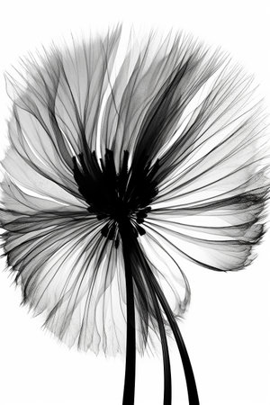 Black and white artistic conceptual illustration of a beautiful flower or floral element closeup. Created with generative AIの素材