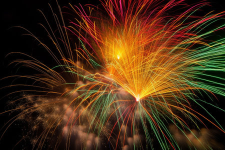 Colorful fireworks display on the night sky. Illustration created with generative AIの素材