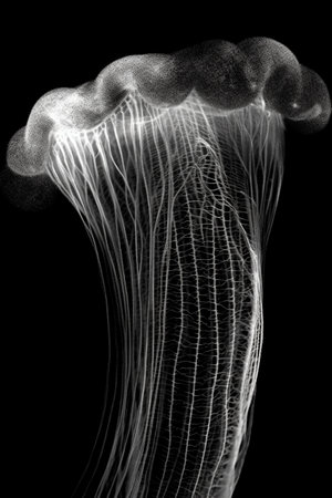 Black and white artistic conceptual illustration of a beautiful jellyfish closeup. Created with generative AIの素材