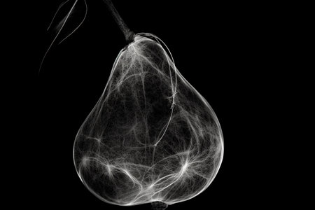 Black and white artistic conceptual illustration of a beautiful pear closeup. Created with generative AIの素材