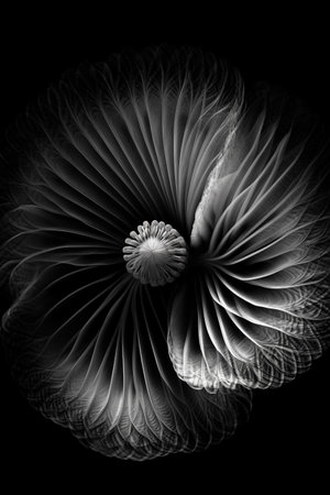 Black and white artistic conceptual illustration of a beautiful flower or floral element closeup. Created with generative AIの素材