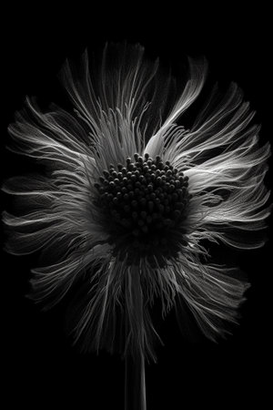 Black and white artistic conceptual illustration of a beautiful flower or floral element closeup. Created with generative AIの素材