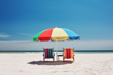 Beautiful exotic tropical beach with beach chairs and umbrellas. Conceptual summer illustration. Created with generative AIの素材