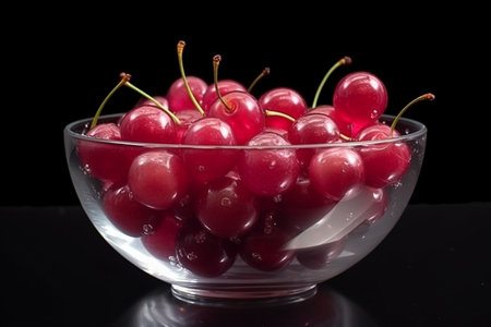Fresh cherries in a glass bowl with water droplets. Conceptual illustration. Created with generative AIの素材