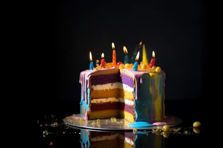 Colorful birthday cake exploding and melting. Conceptual illustration created with generative AIの素材