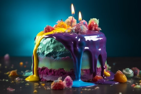 Colorful birthday cake exploding and melting. Conceptual illustration created with generative AIの素材