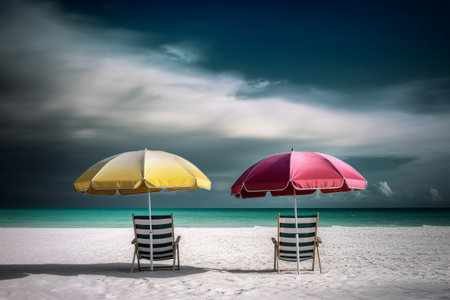 Beautiful exotic tropical beach with beach chairs and umbrellas. Conceptual summer illustration. Created with generative AIの素材