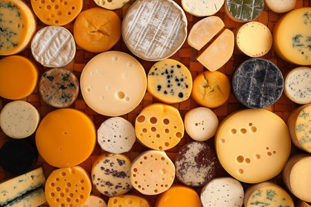 Different types of exotic cheese. Conceptual illustration, background. Created with generative AIの素材