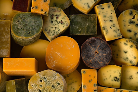Different types of exotic cheese. Conceptual illustration, background. Created with generative AIの素材