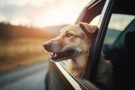 Happy dog sticking head out of the car window while on a trip. Created with generative AIの素材