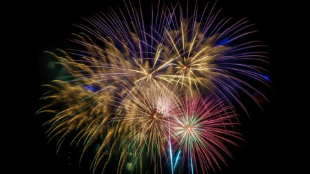 Colorful fireworks on a clear night sky. Illustration created with generative AIの素材