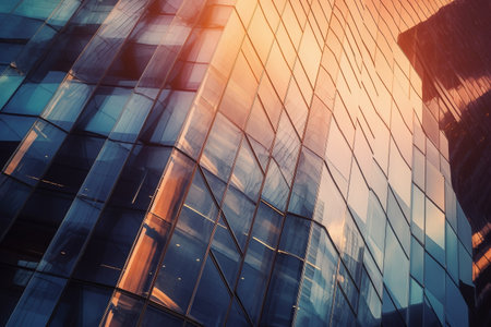 Colorful detail of a business office building with steel and glass at sunset. Created with generative AIの素材