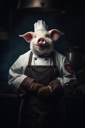Conceptual illustration, portrait of a pig dressed as a chef. Created with generative AIの素材