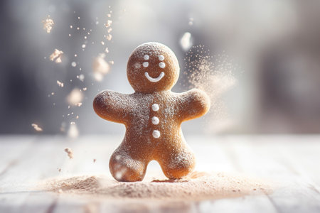 A happy gingerbread man dancing on the kitchen table. Illustration created with generative AIの素材