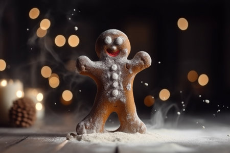 A happy gingerbread man dancing on the kitchen table. Illustration created with generative AIの素材