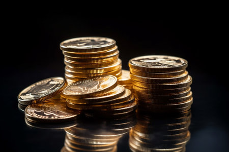 A pile of golden money sitting on a reflective glass surface. Created with generative AIの素材