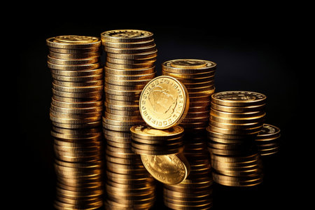 A pile of golden money sitting on a reflective glass surface. Created with generative AIの素材