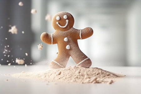 A happy gingerbread man dancing on the kitchen table. Illustration created with generative AIの素材