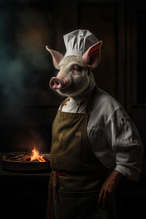 Conceptual illustration, portrait of a pig dressed as a chef. Created with generative AIの素材