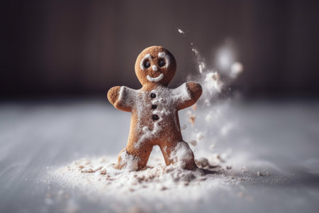 A happy gingerbread man dancing on the kitchen table. Illustration created with generative AIの素材