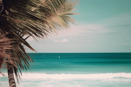 Conceptual illustration - summer background with a palm tree and a beautiful beach. Created with generative AIの素材