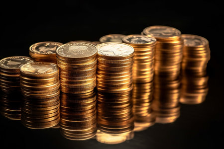A pile of golden money sitting on a reflective glass surface. Created with generative AIの素材