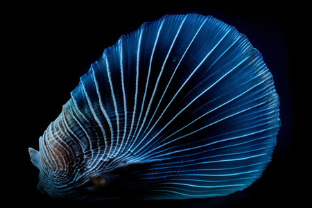Abstract illustration of a beautiful seashell isolated on a black background. Created with generative AIの素材