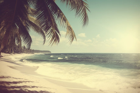 Conceptual illustration - summer background with a palm tree and a beautiful beach. Created with generative AIの素材