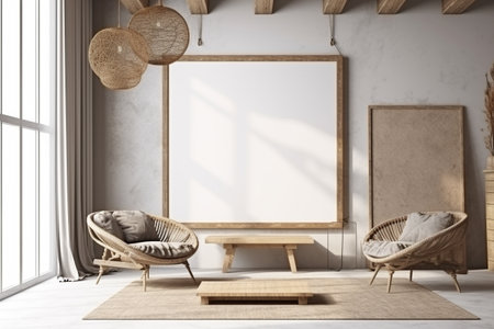 Interior design nomadic boho style with an empty frame mockup. Created with generative AIの素材