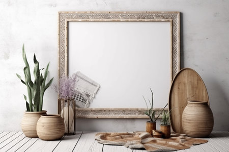 Interior design nomadic boho style with an empty frame mockup. Created with generative AIの素材