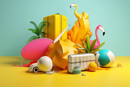 Travelling in summer - colorful conceptual 3d rendering illustration. Created with generative AIの素材