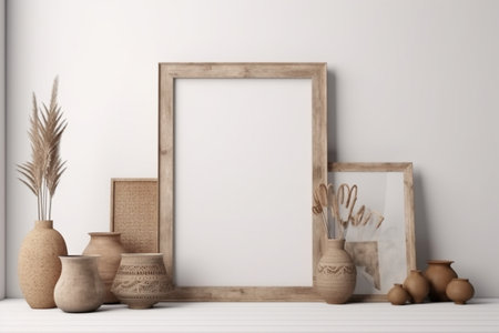 Interior design nomadic boho style with an empty frame mockup. Created with generative AIの素材