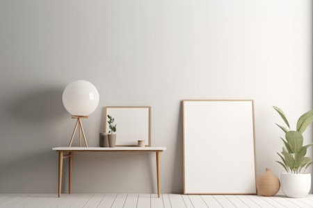 Interior design nomadic boho style with an empty frame mockup. Created with generative AIの素材