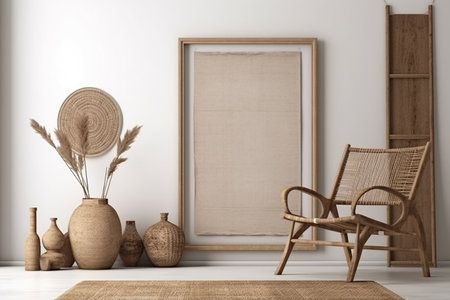 Interior design nomadic boho style with an empty frame mockup. Created with generative AIの素材