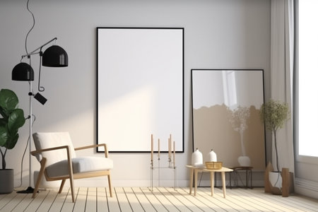 Interior design nomadic boho style with an empty frame mockup. Created with generative AIの素材